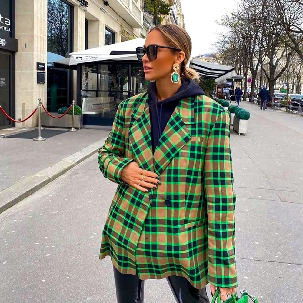 ASOS Green and Brown Plaid Double-Breasted Blazer